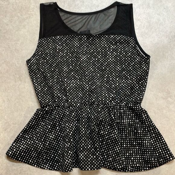 Dots Womens Sleeveless Blouse Black/White Polka Dot Peplum Ruffle Sz L - Picture 4 of 5